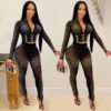 Sexy Mesh Rhinestone Long Sleeve Two-Piece Set