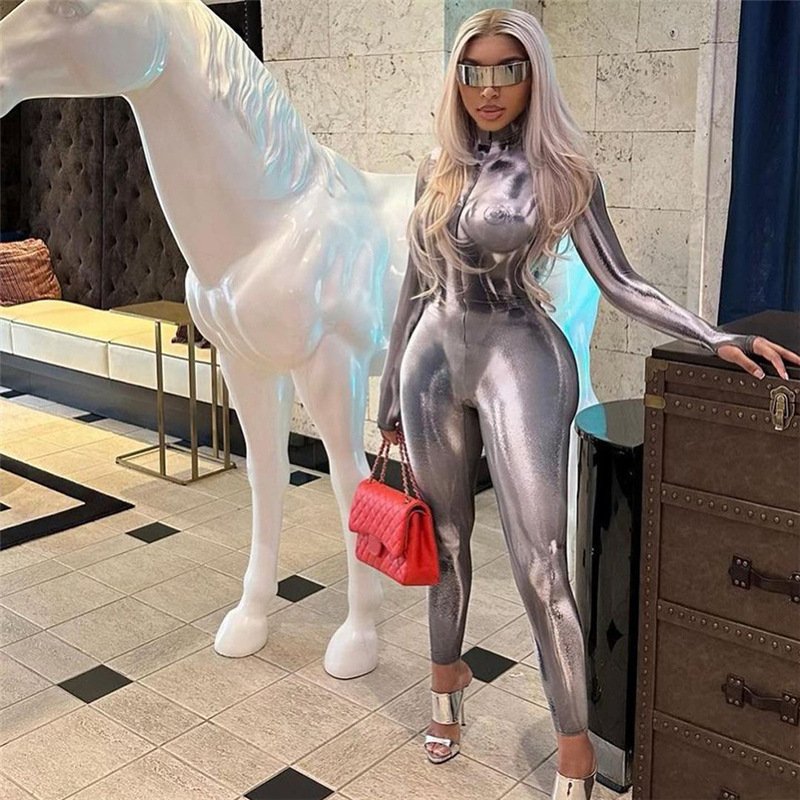 Women's Fashion Casual Long Sleeve Digital Printing Slim Fit High Top Sports Jumpsuit