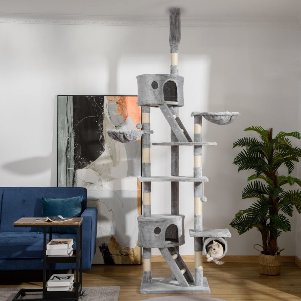 Floor Standing Cat Tree 94.5-10.25 Inch Height Adjustable Cat Climbing Tower, Apartment Hammock