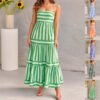Summer Striped Printed Suspender Long Dress With Pockets Fashion Square Neck Backless Dresses For Beach Vacation Women Clothing