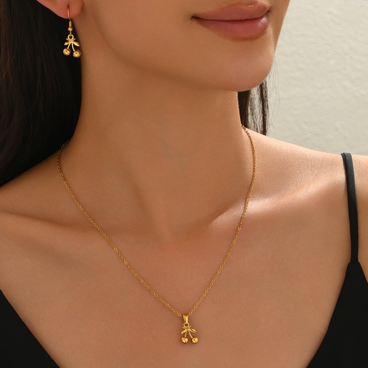 Lxalry 18K Gold Plated Stainless Steel Cherry Pendant Necklace And Earrings Set For Women - Cute Minimalist Jewelry For Daily Wear, Gifts, Summer Parties, And Anniversaries - Waterproof & Hypoallergen
