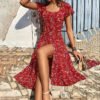 Summer Floral Print Maxi Dress Women Button Up Split Long Flowy Bohemian Beach Party Dresses