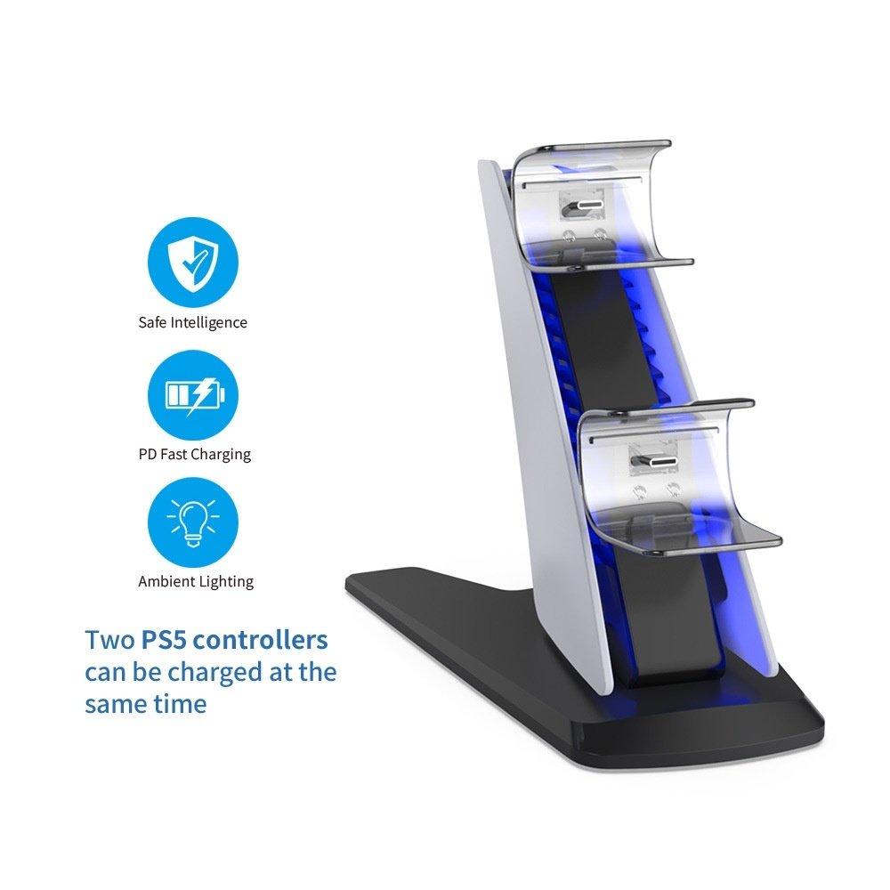 PS5 Wireless Dual Controller Charging Dock With Blue Light