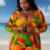 Plus Size Multi-Color Patchwork Printed V-Neck Camisole Boxer Shorts Slim Fit Covering Women's Beach Vacation Swimsuit Three-Piece Set